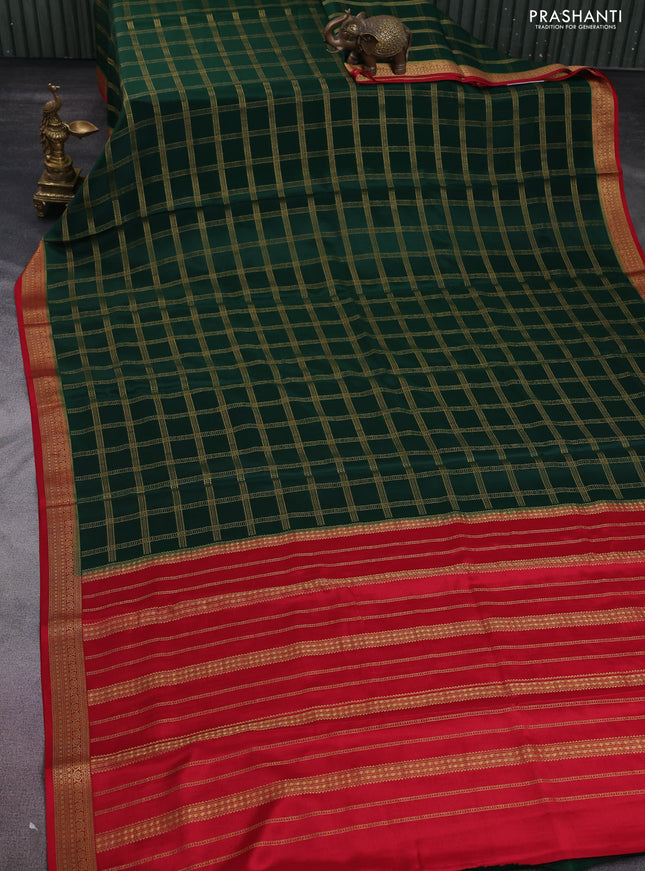 Pure mysore silk saree green and red with allover zari checked pattern and zari woven border