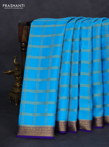 Pure mysore silk saree light blue and blue with allover zari checked pattern and zari woven border