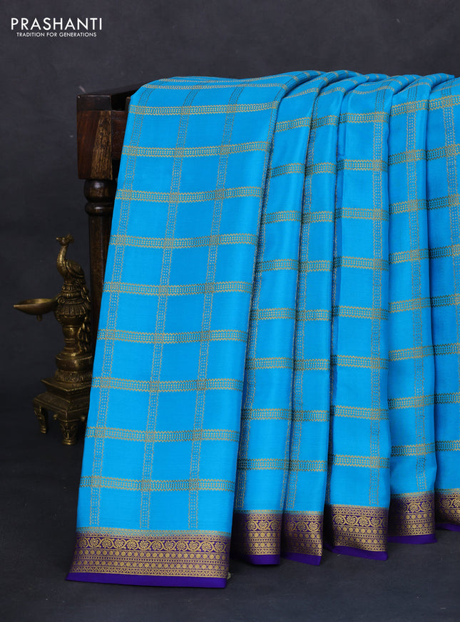Pure mysore silk saree light blue and blue with allover zari checked pattern and zari woven border