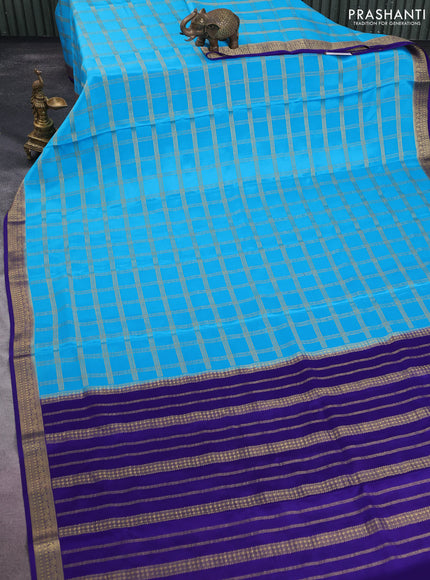 Pure mysore silk saree light blue and blue with allover zari checked pattern and zari woven border