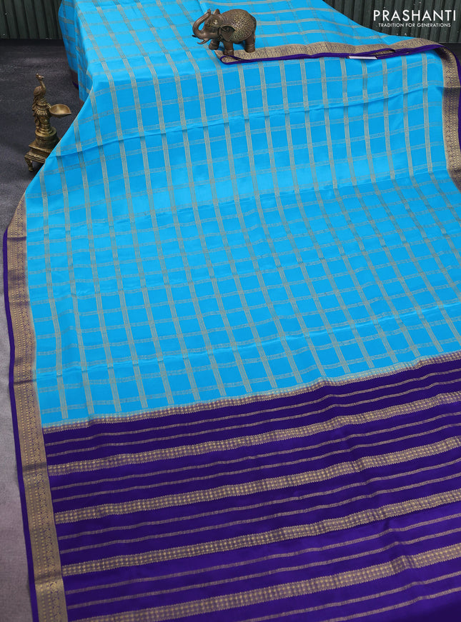 Pure mysore silk saree light blue and blue with allover zari checked pattern and zari woven border