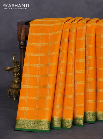 Pure mysore silk saree mango yellow and green with allover zari checked pattern and zari woven border