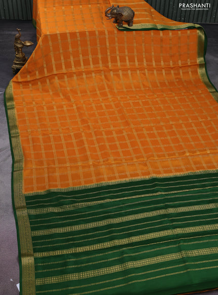 Pure mysore silk saree mango yellow and green with allover zari checked pattern and zari woven border