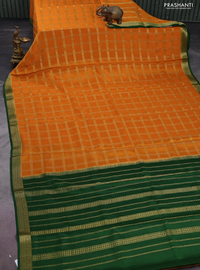 Pure mysore silk saree mango yellow and green with allover zari checked pattern and zari woven border