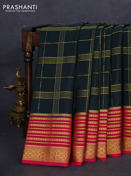 Pure mysore silk saree green and pink with allover zari checked pattern and long zari woven border