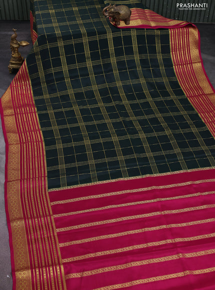 Pure mysore silk saree green and pink with allover zari checked pattern and long zari woven border