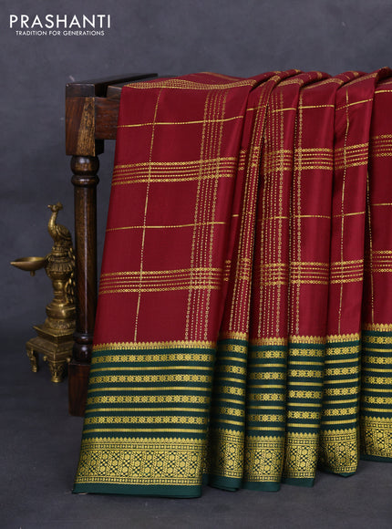 Pure mysore silk saree deep maroon and green with allover zari checked pattern and long zari woven border