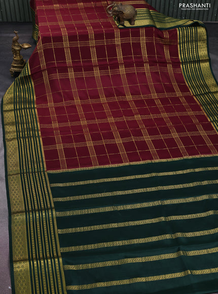 Pure mysore silk saree deep maroon and green with allover zari checked pattern and long zari woven border