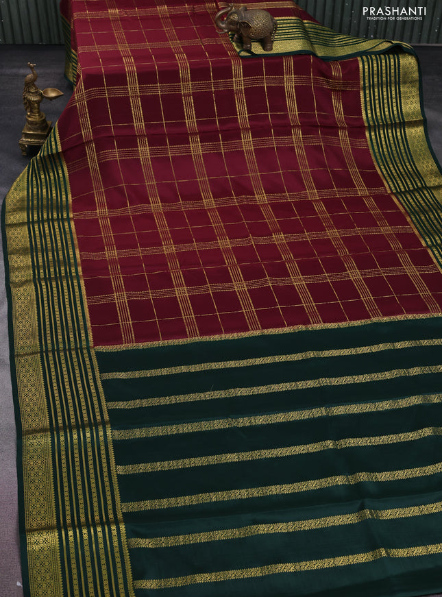 Pure mysore silk saree deep maroon and green with allover zari checked pattern and long zari woven border