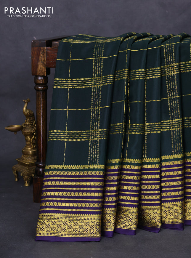 Pure mysore silk saree green and violet with allover zari woven stripes pattern and zari woven border