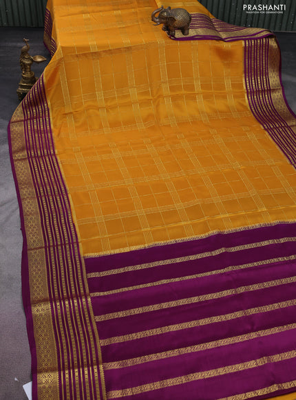 Pure mysore silk saree mustard yellow and purple with allover zari checked pattern and zari woven border