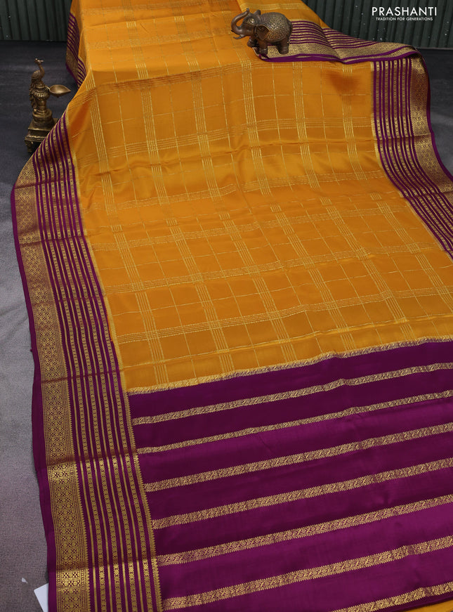 Pure mysore silk saree mustard yellow and purple with allover zari checked pattern and zari woven border