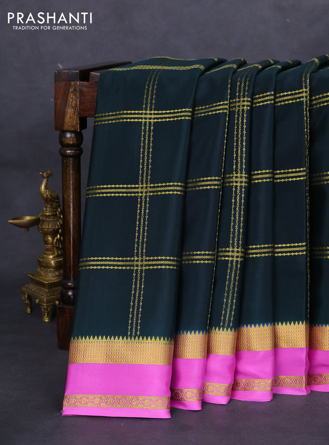 Pure mysore silk saree peacock green and light pink with allover zari checked pattern and rettapet zari woven border