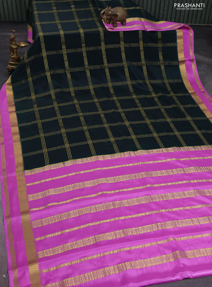 Pure mysore silk saree peacock green and light pink with allover zari checked pattern and rettapet zari woven border
