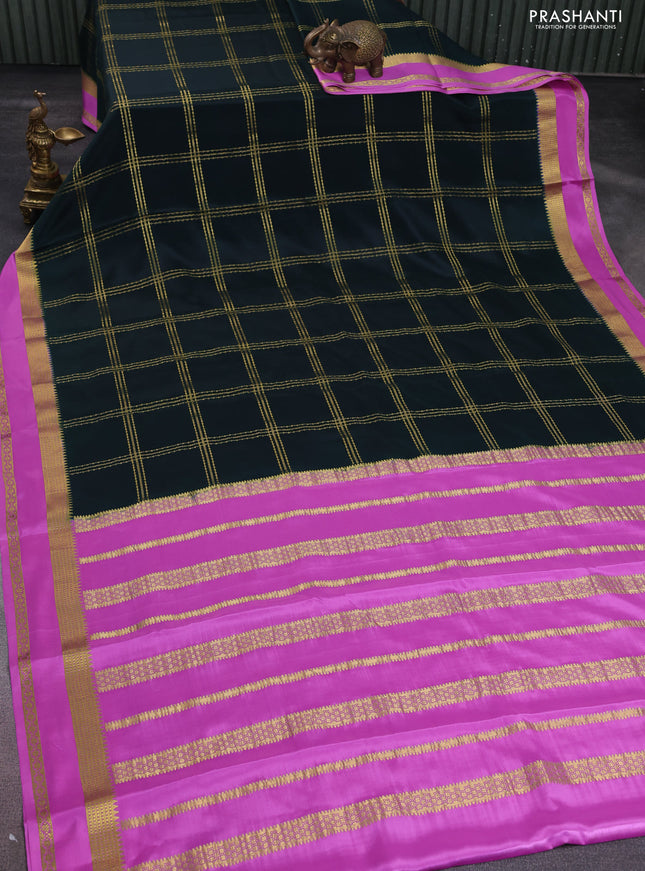 Pure mysore silk saree peacock green and light pink with allover zari checked pattern and rettapet zari woven border