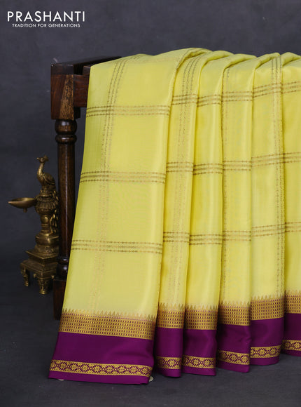 Pure mysore silk saree lime yellow and purple with allover zari checked pattern and rettapet zari woven border