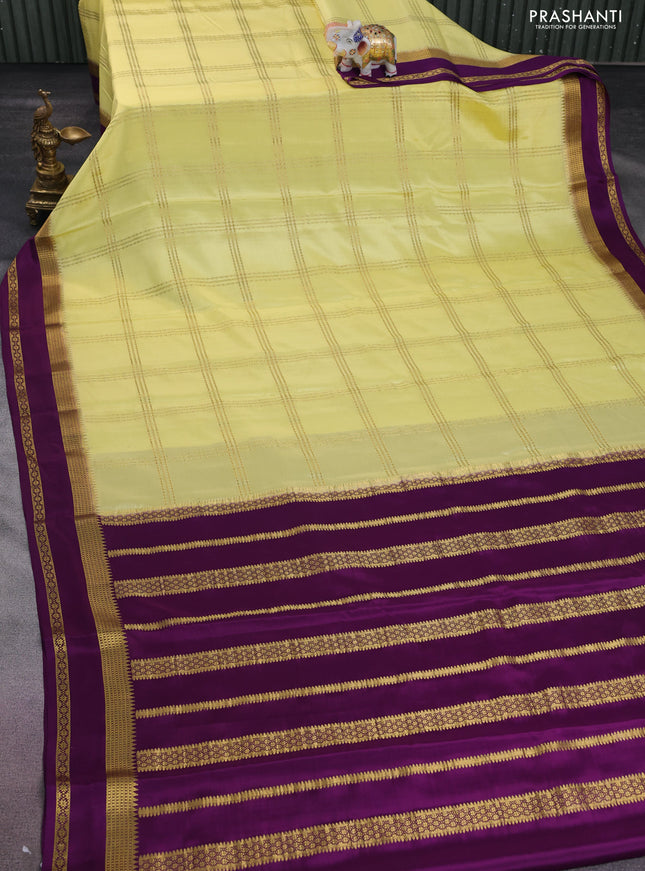 Pure mysore silk saree lime yellow and purple with allover zari checked pattern and rettapet zari woven border