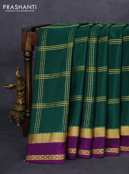 Pure mysore silk saree green and purple with allover zari checked pattern and rettapet zari woven border