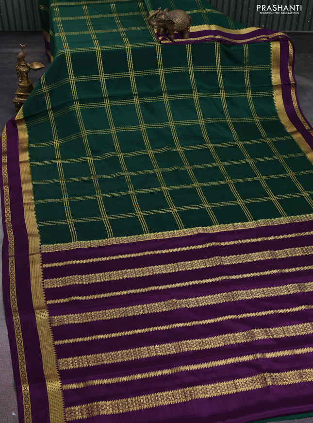 Pure mysore silk saree green and purple with allover zari checked pattern and rettapet zari woven border