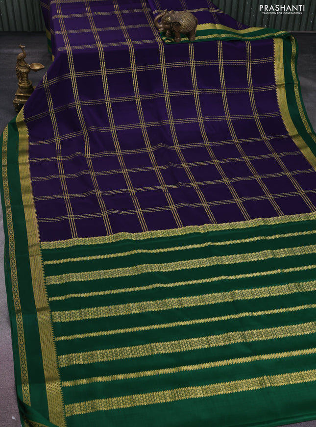 Pure mysore silk saree blue and green with allover zari checked pattern and rettapet zari woven border