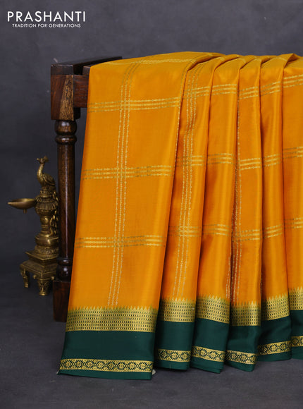Pure mysore silk saree mustard yellow and green with allover zari checked pattern and rettapet zari woven border