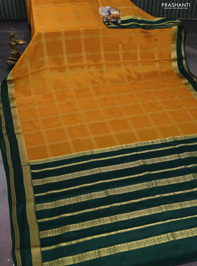 Pure mysore silk saree mustard yellow and green with allover zari checked pattern and rettapet zari woven border