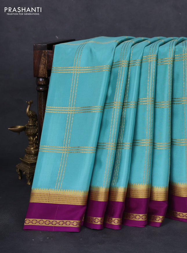 Pure mysore silk saree pastel blue and purple with allover zari checked pattern and rettapet zari woven border