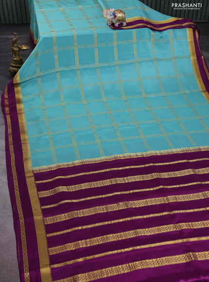 Pure mysore silk saree pastel blue and purple with allover zari checked pattern and rettapet zari woven border