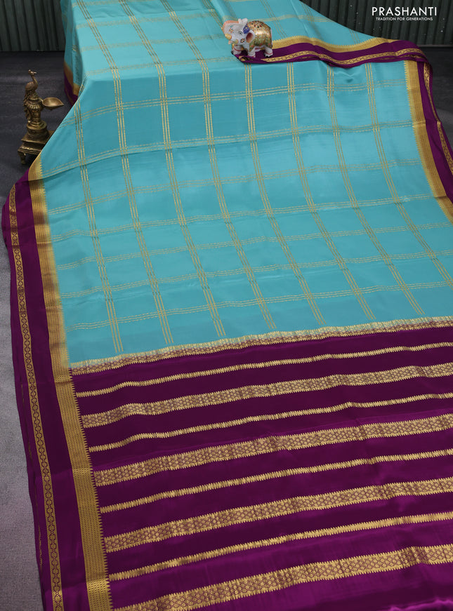 Pure mysore silk saree pastel blue and purple with allover zari checked pattern and rettapet zari woven border