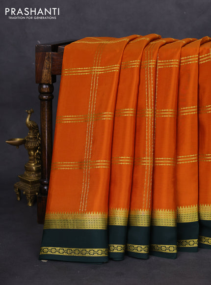 Pure mysore silk saree rustic orange and green with allover zari checked pattern and rettapet zari woven border