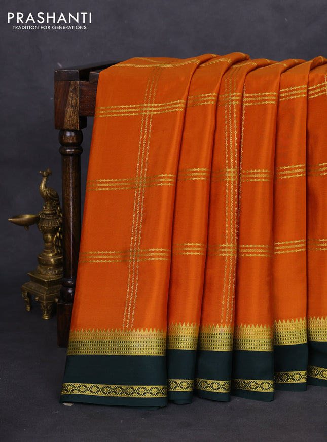 Pure mysore silk saree rustic orange and green with allover zari checked pattern and rettapet zari woven border