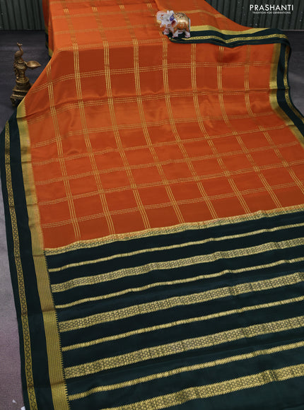 Pure mysore silk saree rustic orange and green with allover zari checked pattern and rettapet zari woven border