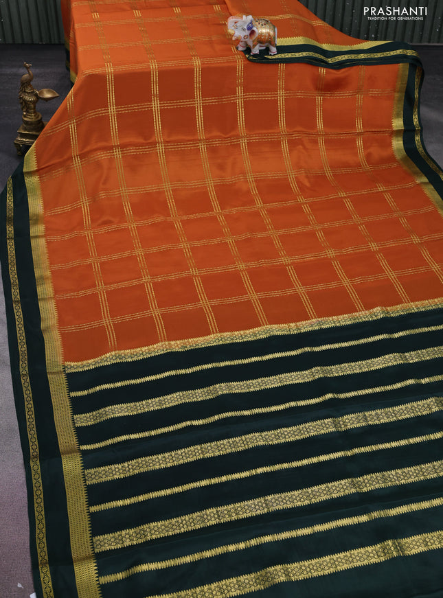 Pure mysore silk saree rustic orange and green with allover zari checked pattern and rettapet zari woven border