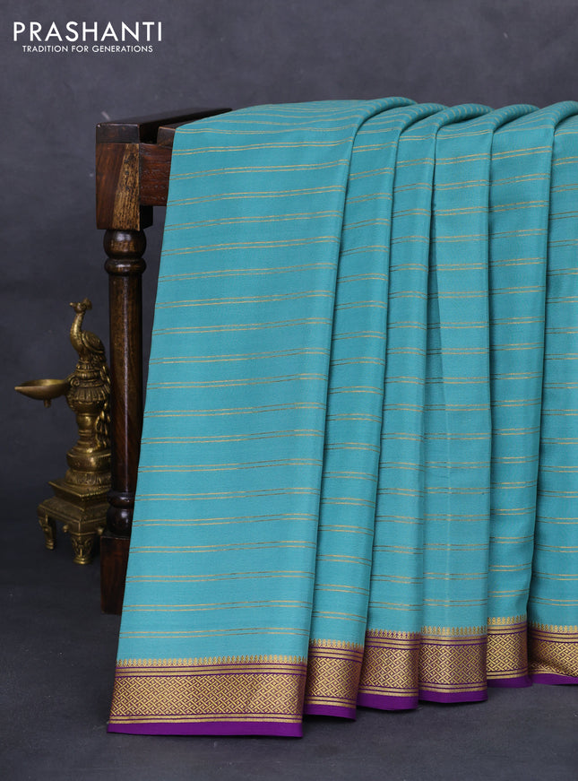 Pure mysore silk saree pastel blue and purple with allover stripes pattern and zari woven border