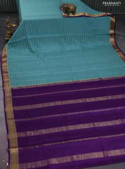 Pure mysore silk saree pastel blue and purple with allover stripes pattern and zari woven border