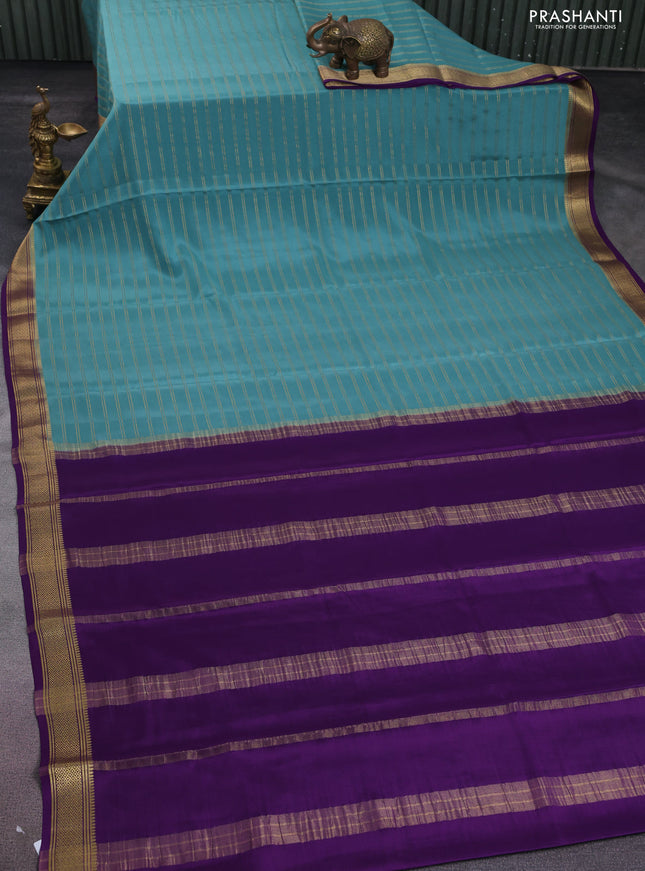 Pure mysore silk saree pastel blue and purple with allover stripes pattern and zari woven border