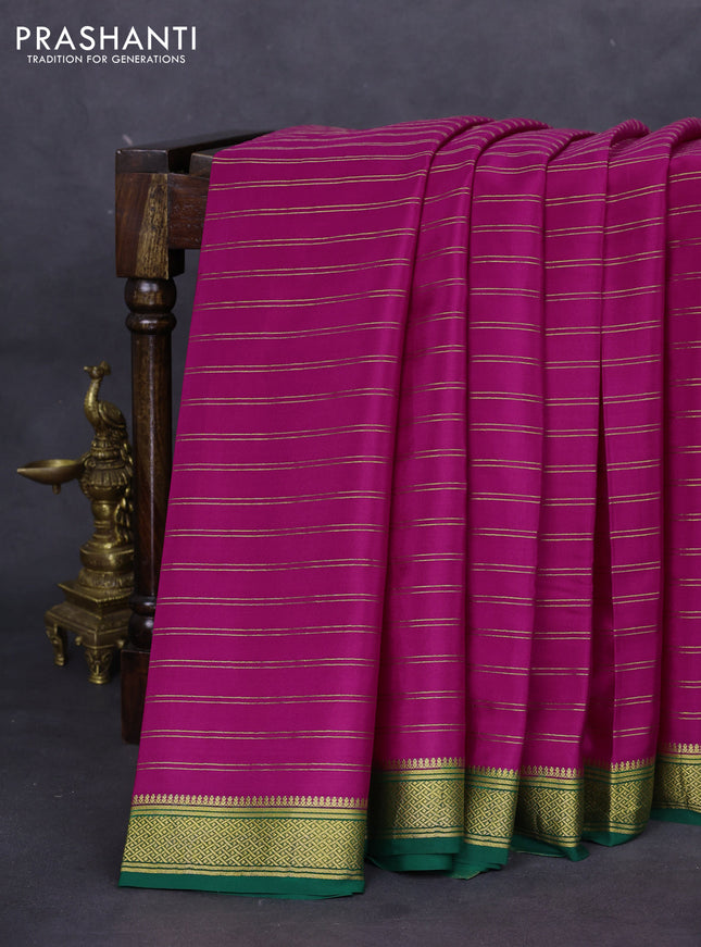 Pure mysore silk saree pink and green with allover stripes pattern and zari woven border