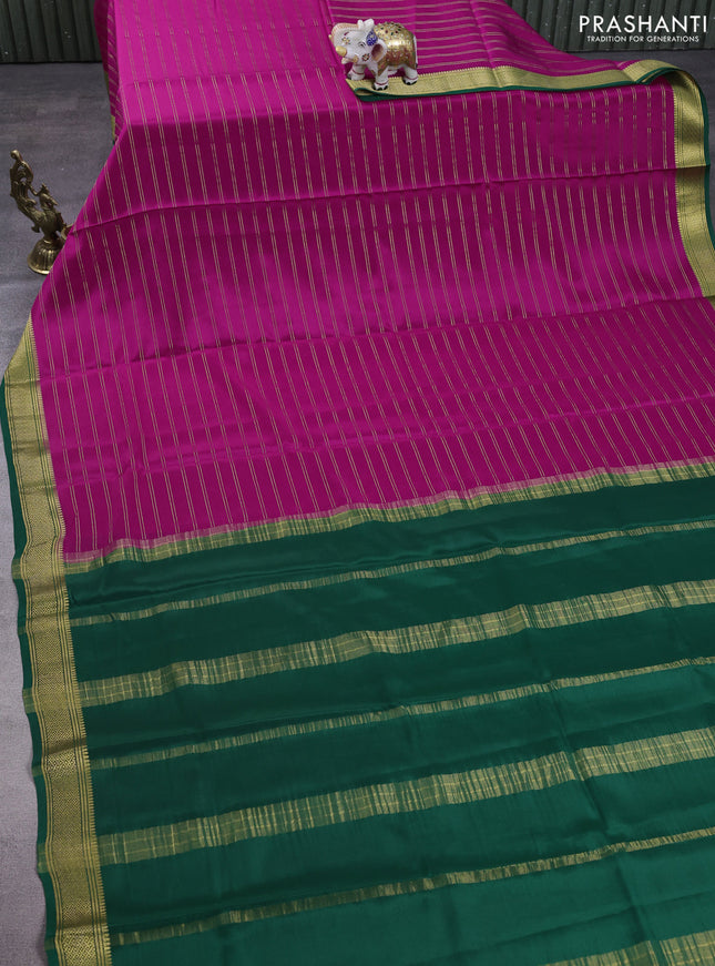 Pure mysore silk saree pink and green with allover stripes pattern and zari woven border