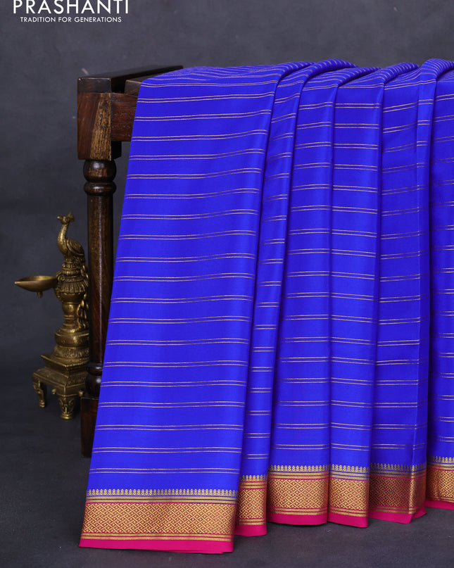 Pure mysore silk saree royal blue and pink with allover stripes pattern and zari woven border