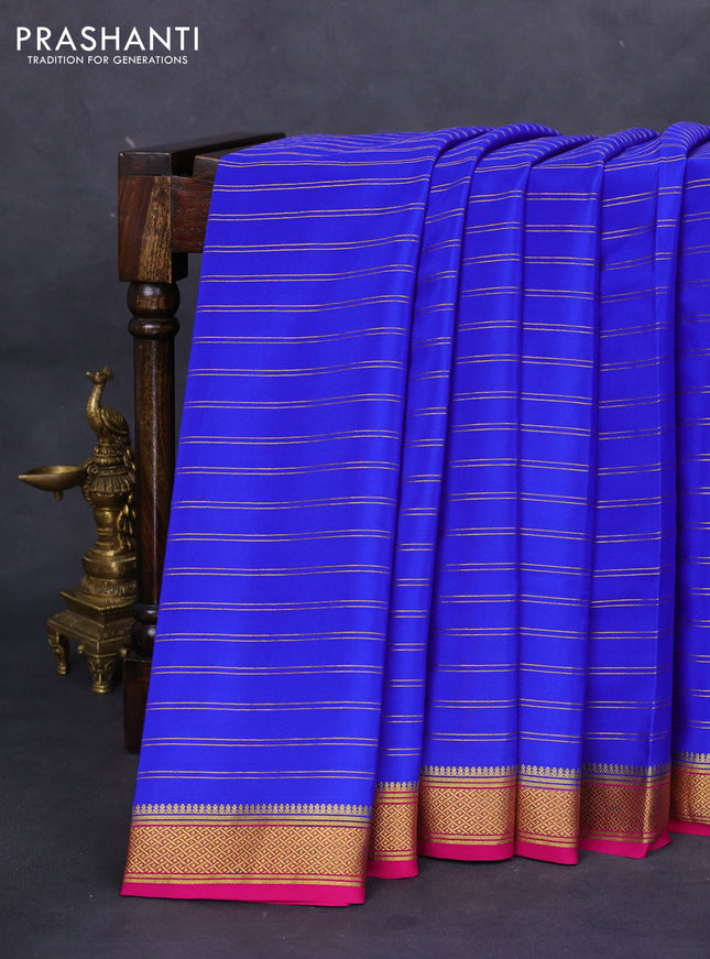 Pure mysore silk saree royal blue and pink with allover stripes pattern and zari woven border