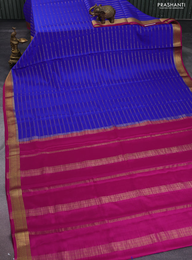 Pure mysore silk saree royal blue and pink with allover stripes pattern and zari woven border