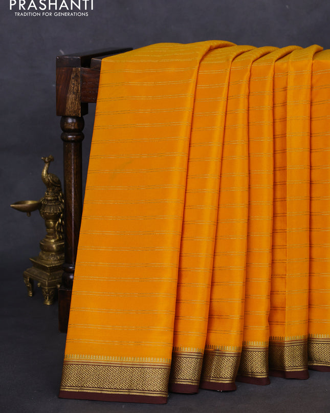 Pure mysore silk saree mustard yellow and brown with allover zari weaves and zari woven border