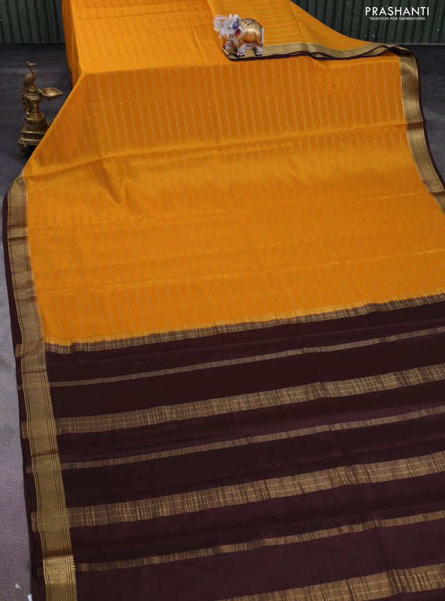 Pure mysore silk saree mustard yellow and brown with allover zari weaves and zari woven border