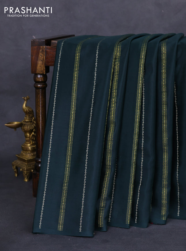 Pure mysore silk saree peacock green and pink with silver & gold zari weaves in borderless style