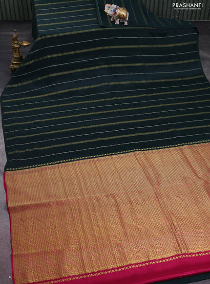 Pure mysore silk saree peacock green and pink with silver & gold zari weaves in borderless style