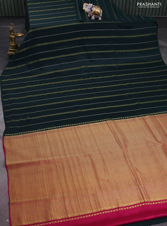 Pure mysore silk saree peacock green and pink with silver & gold zari weaves in borderless style