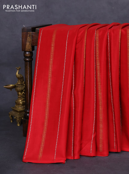 Pure mysore silk saree red and black with silver & gold zari weaves in borderless style