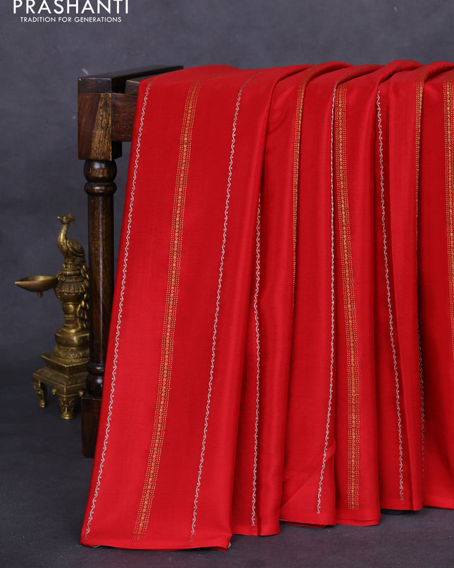 Pure mysore silk saree red and black with silver & gold zari weaves in borderless style