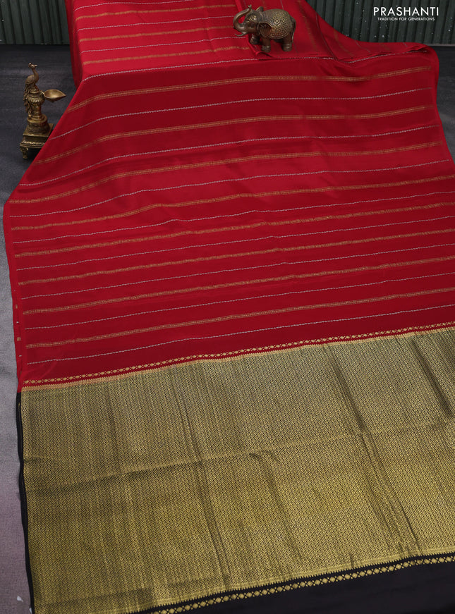 Pure mysore silk saree red and black with silver & gold zari weaves in borderless style