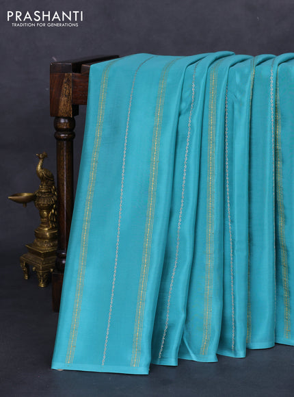 Pure mysore silk saree pastel blue and purple with silver & gold zari weaves in borderless style
